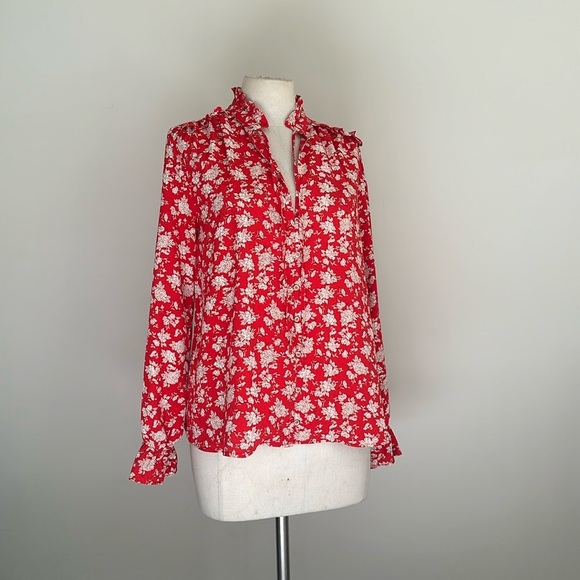 ZARA Floral PEASANT red RUFFLE Luxe Button Down Blouse Tie Top sz Medium - Picture 4 of 7